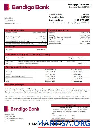 Downloadable Australia Bendigo bank mortgage statement scr download for verification